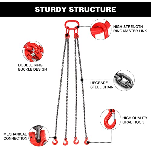 Powlab Lifting Chains With Hooks 6 Ton, 5/16'' X 5 Ft Upgrade Lifting Chain Slings For Engine Chain Hoist Lifts 6 T, Chain Lifting Slings With 4 Leg Industrial Grab Hooks Heavy Duty Chain Hoist Lifts #TOP1