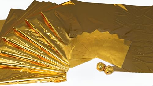 Image of Aluminum Foil Chocolate Wrappers - Candy Wrapping Sheets for DIY Chocolates, Sweets & Gifts | Food-Grade, Decorative & Easy-to-Use Foil Wraps (Golden, Pack of 1 (250 Counts))