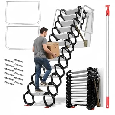 3.66M/12FT Foldable Attic Ladder Pull Down System, 2500LBS Capacity Ti-Mg Alloy Attic Ladder, 12 Steps Wall Mounted Attic Stairs with Adjustable Handrails, Loft Stairs for Lofts and Basements