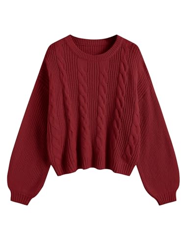 ZAFUL Womens Cable Knit Crewneck Sweater Lantern Sleeve Cropped Chunky Casual Pullover Top (1-Wine Red M)