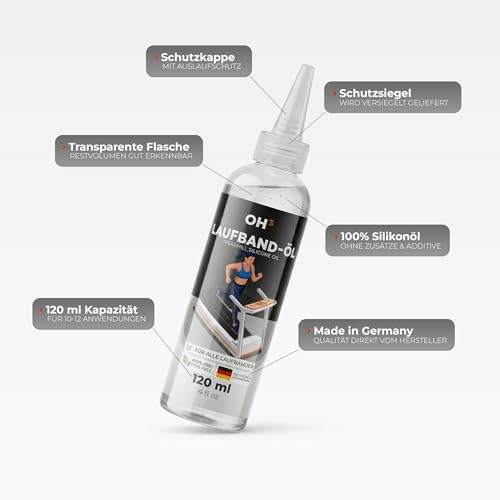 OH3 Laufband-Öl 120 ml - 100% reines Silikonöl Schmiermittel mit Schraubspitze für präzise Dosierung 350cSt - Reduziert Reibung & Geräusche - Zur Wartung von Laufbändern, Crosstrainern & Heimtrainern