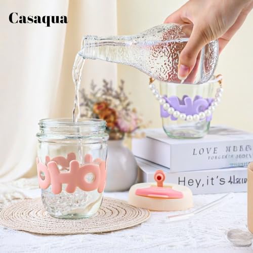 Image of Glass Tumbler with Lid & Straw - 350ml, Set of 1, Pearl Handle, Leakproof Drinking Cup, Silicone Sleeve, Reusable Iced Coffee Cup for Water, Juice, Milk, Bubble Tea & Gifts