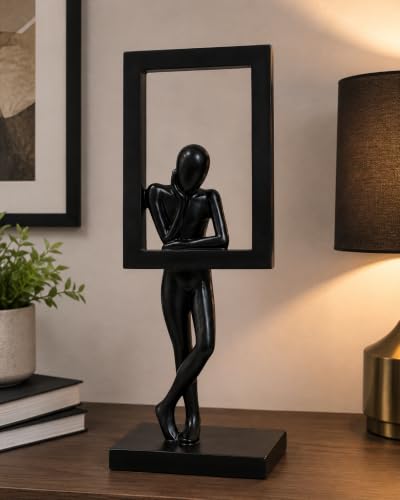 Image of Uptrix Decorative Modern Abstract Thinker Sculpture with Frame, Minimalist Black Resin Decorative Statue, Contemporary Tabletop Home Decor Accent for Living Room. (Black)