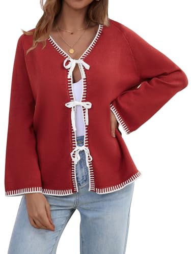 JUYUEO Tie Front Bow Cardigan for Women Trendy Long Sleeve Knit Open Front Sweater Casual Fall Winter Clothes 2026 Red L