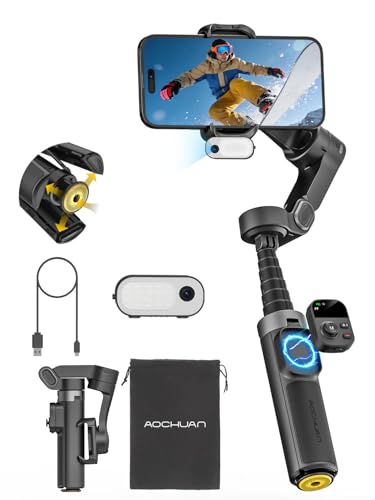Image of AOCHUAN AI Face Tracker Gimbal Stabilizer for iPhone w/Magnetic Remote, 360° Pan Rotation 3-Axis Gimbal for iPhone, Stabilizer w/Light, Built-in Extension Rod & One-Touch Open Tripod, Volg, Sport