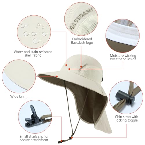 Image of BASSDASH UPF 50+ Unisex Water Resistant Wide Brim Sun Hat with Large Neck Flap Ponytail Fishing Hat for Men Women