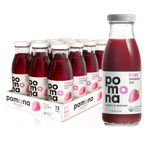 Image of Pomona Organic Strawberry Juice (Pack of 12), Cold Pressed USDA Organic Juices with 100% Strawberries, No Added Sugar, Not From Concentrate, Vegan, Kosher, Non GMO, Pasteurized, 8.4 oz Glass Bottles