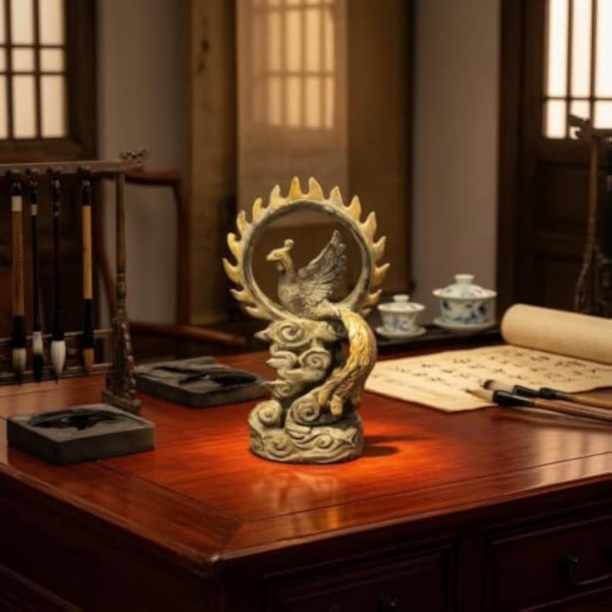 Antique-Style Phoenix Figurine with Cloud Base, Gold-Toned