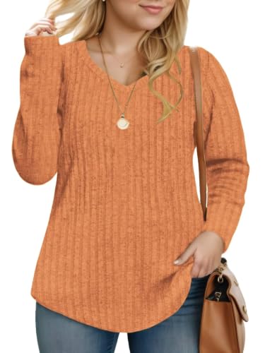 VOGRACE Womens Long Sleeve Tops Plus Size Fall Long Sleeve T Shirts Dressy V Neck Pullover Casual Sweaters 5X Coral