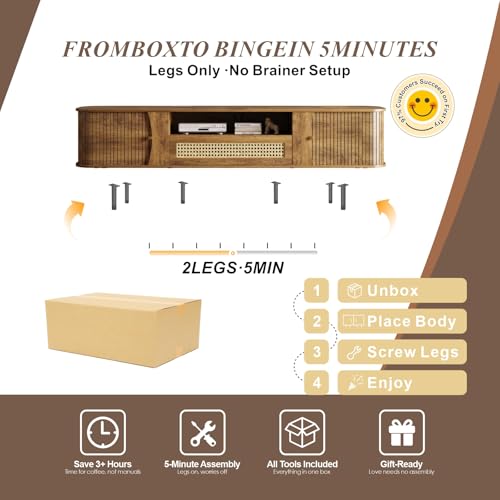 basenji Fully Assembled 71" Mid Century Modern TV Stand with Power Outlet and Sliding Doors, Rattan Entertainment Center with Storage, Wood Media Console,TV Consoles for Living Room,Walnut