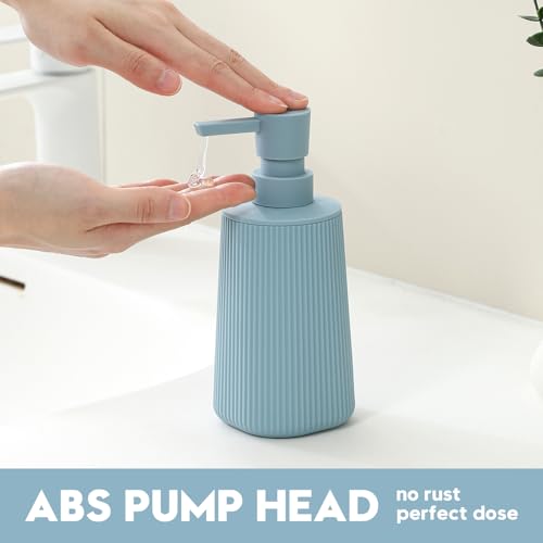 Image of Small Soap Dispenser for Bathroom and Kitchen, Modern Farmhouse Striped Style Plastic Hand Soap Dish Soap Dispenser with Pump Light Blue