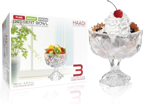 HAADI Glass Ice Cream Bowls Set of 3 Sundae Dessert Cups Prawn Cocktail Glasses for Serving Fruit Salad Snack Trifle & Christmis Holiday Party