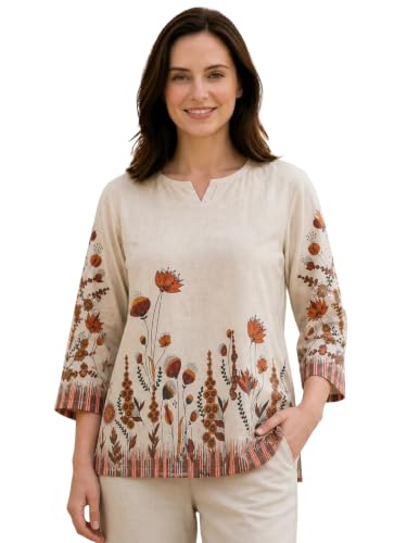 Bollyclues Women's Cotton Floral Printed Top | 3/4 Sleeve V-Neck Casual Tunic | Stylish Printed Tops for Office, Workwear