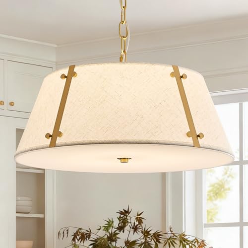 Lumifly Linen Drum Chandelier 18” Modern Fabric Pendant Light Fixture Farmhouse 4-Light Round Hanging Light Linen Shade and Gold Chandelier for Dining Room Foyer Bedroom by Lumifly - Used condition - US$83.25
