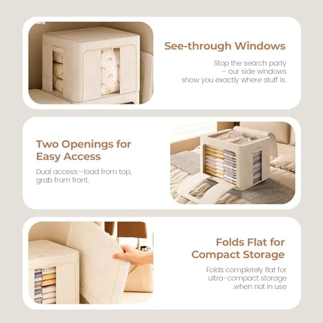 3Pack 60L Large Cloth Storage Bins with Metal Frame, Linen Storage Box with Clear Window, Stackable Sweater Storage for Closet, Clothes Containers for Comforters, Blankets, Quilts, T-shirt