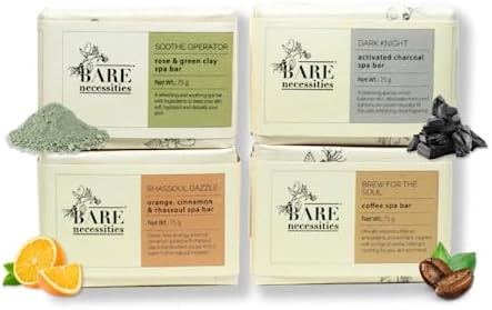 Bare Necessities Natural Handmade Bath Soaps | Pack of 4 | Activated Charcoal, Exfoliating Coffee, Soothing Rose, Cleansing Rhassoul Clay | For men & women | 75g each