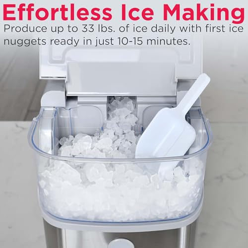 Frigidaire Countertop Crunchy Chewable Nugget Ice Maker, Compact, 33lbs per Day, Metallic Finish