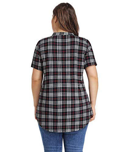 Monnuro Womens Plaid Shirts Henley V Neck Casual Loose Short Sleeve Tunic Blouses Tops(Black,3X) #TOP4