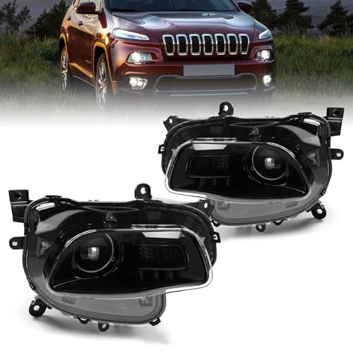 PENSUN Headlight Assembly Both Passenger and Driver Side Fit For Jeep Cherokee 2014‑2018, Headlamp Halogen Projector – OEM‑Style Black Direct Fit Replacement Headlamp (Bulbs Included)