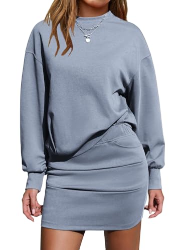 EXLURA Womens Fall Two Piece Skirt Sets Long Sleeve Mock Neck Sweatshirt Skort Matching Set Casual Lounge Tennis Outfits 2025