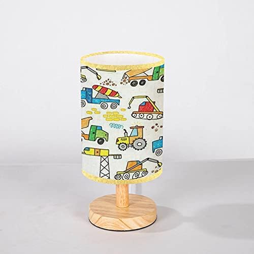 RAINFALLARING Minimalist Bedside Table Lamp Cool Construction Excavator Crane Bulldozer Truck Boys Hand Drawn Solid Wood Nightstand Lamp Bedside Desk Lamp Wood Base Flaxen Fabric Shade, 5.5x11inch