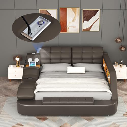 Multifunction Smart Queen Bed Frame Upholstered Platform with Massage Recliner/Bluetooth Speaker/USB Charging Station/Storage Drawers, Leather Headboard/Strong Wooden Slats, Brown-L Side
