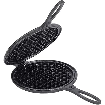 Lehmans Waffeleisen Waffeleisen aus Gusseisen, zweiteilig, klappbar, nicht elektrisch, für Herd oder Grill, macht 17,8 cm runde Waffeln – tropffreier Doppelrand – 3,6 kg