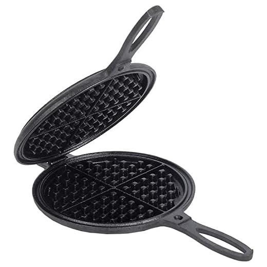Lehman's Cast Iron Waffle Maker, Pre-Seasoned Stovetop 2 Piece Hinged Waffle Pan Makes 7" Round Waffles