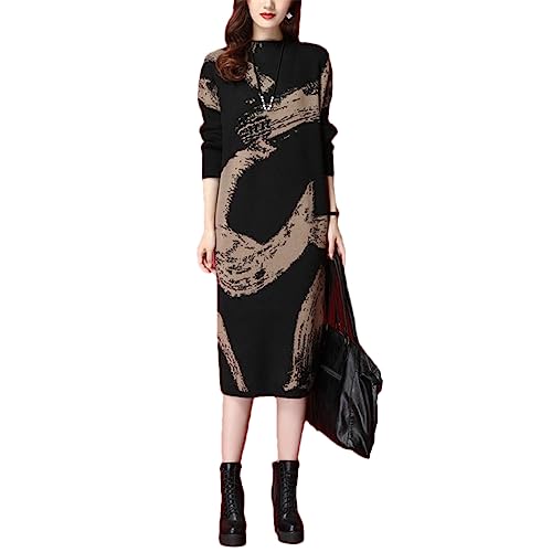 Hdhdeueh Suéter Largo para Mujer, Jersey con Cuello Medio Alto, Tejido, Estampado, Ajustado, hasta La Rodilla, Vestido Recto Black khaki9 XXL
