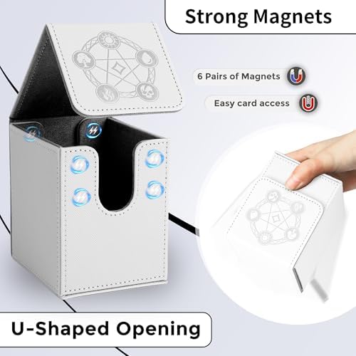 Zettokete Card Deck Box with 2 Dividers, MTG Commander Deck Box Holds 100+ Double-Sleeved Cards, Leather Magnetic Deck Case Compatible with Magic TCG CCG Cards, White - 3