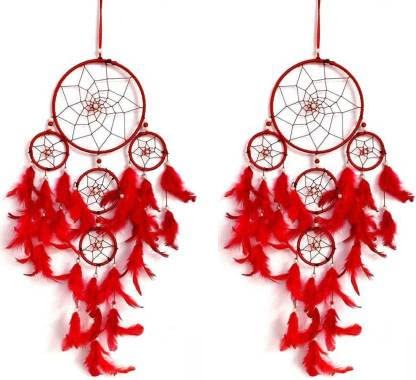 Dream Catchers Wall Hangings Feather Wind Chimes Small Ring Beaded for Kidsroom Car Bedroom Handmade Wall Décor & Home Decorative Items Red Pack of 2-image-19