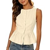 Lovraj Camiseta sin mangas para mujer, algodón y lino, sin mangas, con dobladillo con volantes y tira de botones, beige, M