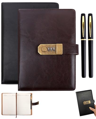 SEESUNO Journal with Lock, 2Pcs A5 200 Pages Lockable Notebook with 2 Pen for Teenager Adult Birthday 8.6x5.9In (Brown/Black)