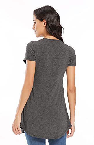 Poshglam Women's Maternity Top Shirts Round Neck Ruched Pregnancy Clothes With Button Accent (Short Sleeve Deep Heather Gray, L) #TOP4