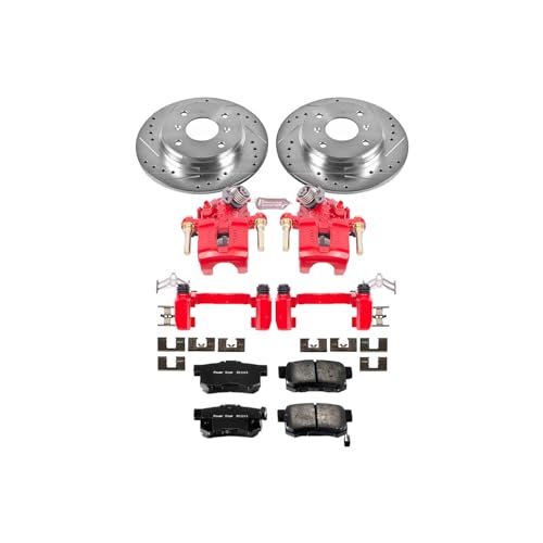 Image of PowerStop Rear Brake Kit for INFINITI G37 2008-13 |Q60 2014-15 |Nissan 370Z 2009-19 - Carbon-Fiber Ceramic Brake Pads + Drilled & Slotted Rotors + Red Powder Coated Calipers, KC4732