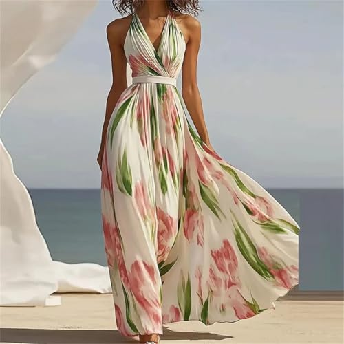 Women Elegant Sexy Sleeveless V-Neck Long High Waist Sashes Print Holiday A-Line Pleated Dress3