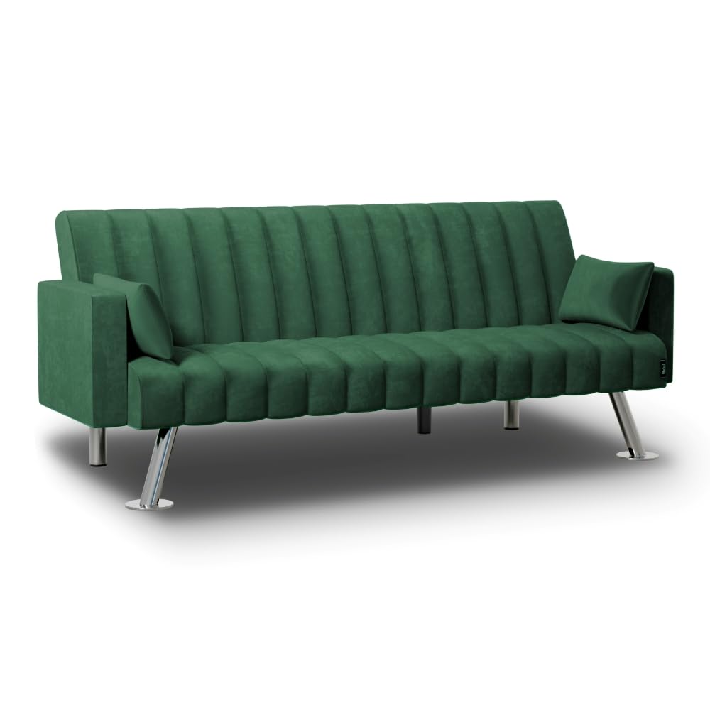 Nalui - Sofá Cama 3 Plazas Acolchado 210x80x79cm One Lines, 2 Cojines y Apertura Clic-Clac con Reclinación Ajustable. Sofa de Salon 3 Plazas Aterciopelado Convertible en Cama Doble | Verde