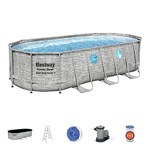 Bestway Power Steel Swim Vista Series II 18' x 9' x 48" Above Ground Outdoor Swimming Pool Set with 1500 GPH Filter Pump, Ladder, and Pool Cover Bestway Power Steel Swim Vista Series II 18' x 9' x 48" Above Ground Outdoor Swimming Pool Set with 1500 GPH Filter Pump, Ladder, and Pool Cover