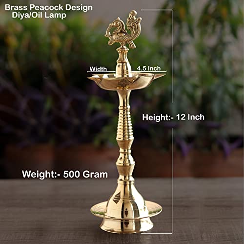 Image of Indian Art Villa Pure Brass Shine Finish Stand /Pillar Diya /Deepak /Lamp /Lantern with Peacock Design, Pooja, Home Decor & Diwali Gift Item, Height-12 Inches