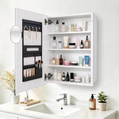 Armario de medicina de metal de 22" x 30", con espejo de baño, espejo de aumento 2x, bisagra de cierre suave, borde biselado, montaje empotrado o superficial, blanco miniatura 1