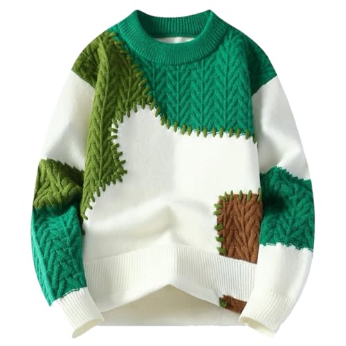 Men Knit Pullover Sweater Patchwork Casual Warm Sweaters Harajuku Loose Crewneck Streetwear