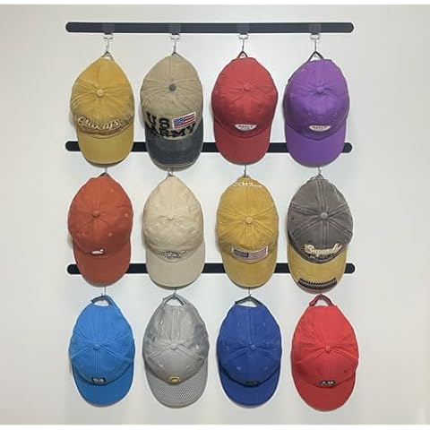ETOWIFA Adhesive Hat Organizer Rack for Baseball Caps [Up to 36 Caps] Hat Hangers Holder Display for Wall, Over Door Closet, Room/College Dorm Storage - 3 Magic Strips with 12 Removable Hooks Cover