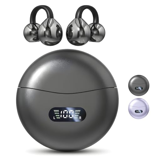 Image of Clip On Earbuds Wireless Bluetooth Headphones with Charging Case & LED Display – Open Ear Clip Earbuds, Waterproof Sports Earphones, Ear Cuff Style Fitness Headphones for Running (Black)