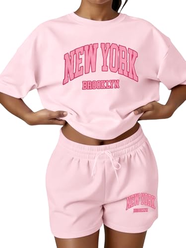 Image of ASTANFY 2 Piece Short Sets for Women: Y2k Vacation Outfits Summer Workout Sets Graphic Tees Pink