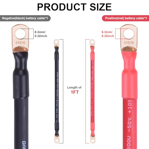Image of iGreely 4 Gauge Battery Cable,Flexible 4 AWG Pure Copper Battery Power Cables with 5 /16'' Lugs Heavy Duty Welding Wire for Solar Automotive RV Marine,DIY for Replacement Parts & Accessories 1ft /30cm