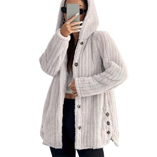 Genérico Abrigo Piel de Conejo con Capucha Chaqueta Peluda Mujer de Piel Termico Abrigos de Lana Abrigo Elegante Cardigan Invierno Chaqueta Borrego Mujer Caqui S