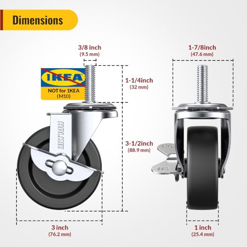 Image of HOLKIE Caster Wheels 3 inch Locking Casters Set of 16 with Brake & No Brake, Threaded Stem 3 /8 inch -16 x 1-1 /4 inch (Diameter 3 /8 inch, Length 1-1 /4 inch) Swivel Heavy Duty Castors Black