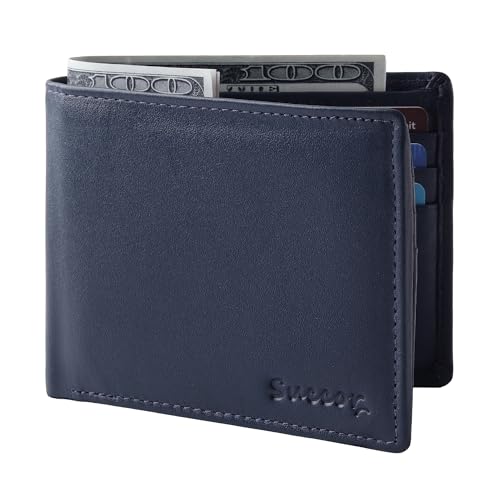 Succor Genuine Leather Mens Wallet – Slim Bifold RFID Blocking Wallet for Men with Zipper Pocket, 9 Card Slots, ID Window, Strong Stitching, Gift Box – Blue
