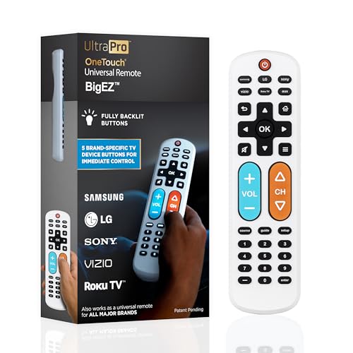 UltraPro BigEZ OneTouch Big Button Universal TV Remote for Seniors, Easy to Use, Replacement Remote for Samsung, LG, Sony, Vizio, Roku TV, Streaming Players, Backlit Buttons, 2 Device, White, 85053