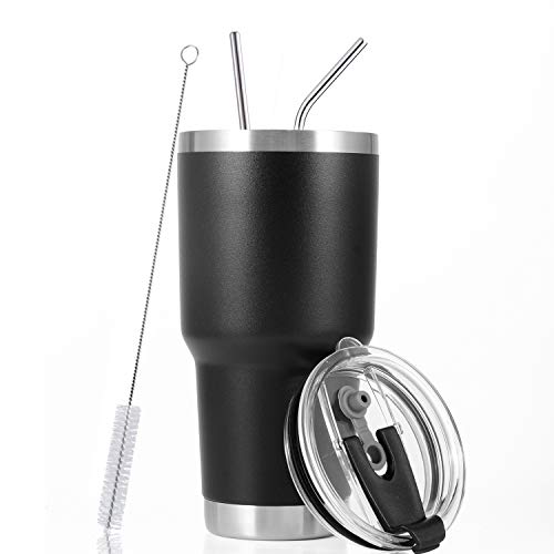 30oz Stainless Steel Insulated Black Tumbler Travel Mug with Straw Slider Lid, Cleaning